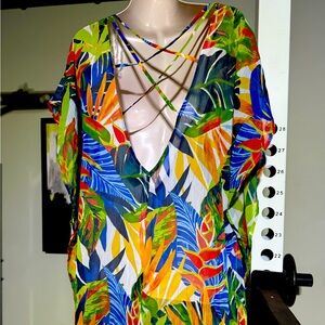 Kona Sol NWOT Women's Beach Swim Coverup Tunic with Tassel - Tropical Multi, S